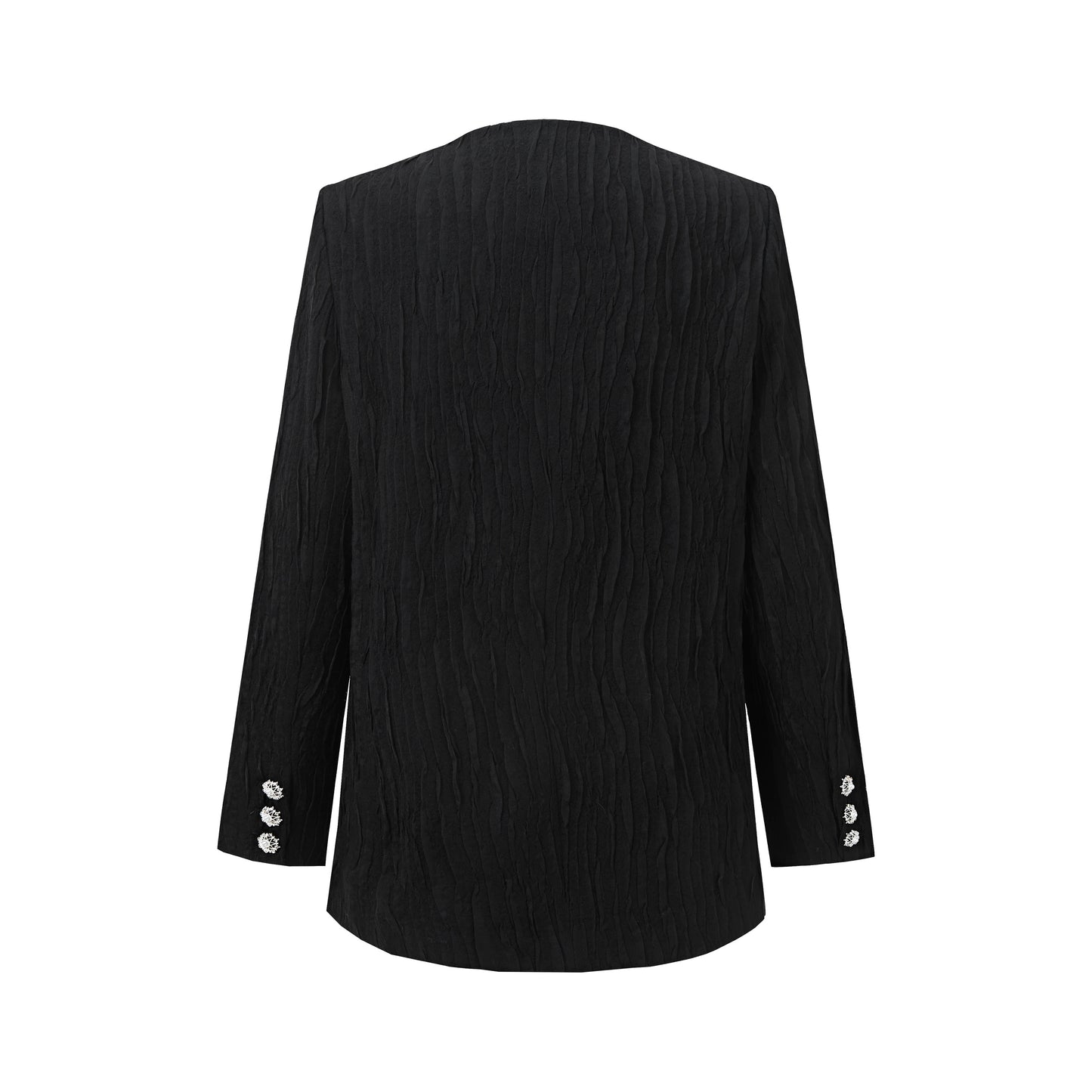 Black textured jacket with round neckline and decorative buttons