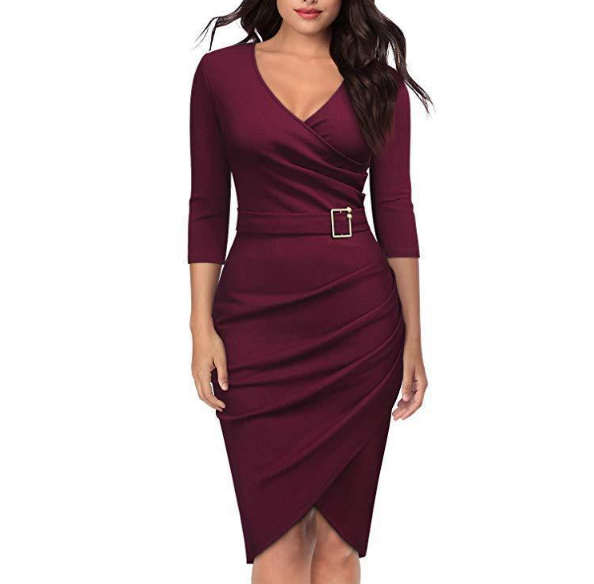 Burgundy wrap dress with belt detail and V neckline