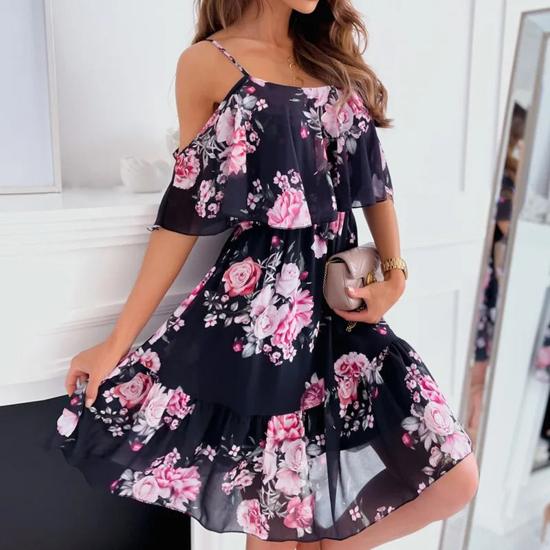 Black floral off-shoulder dress with layered ruffle neckline