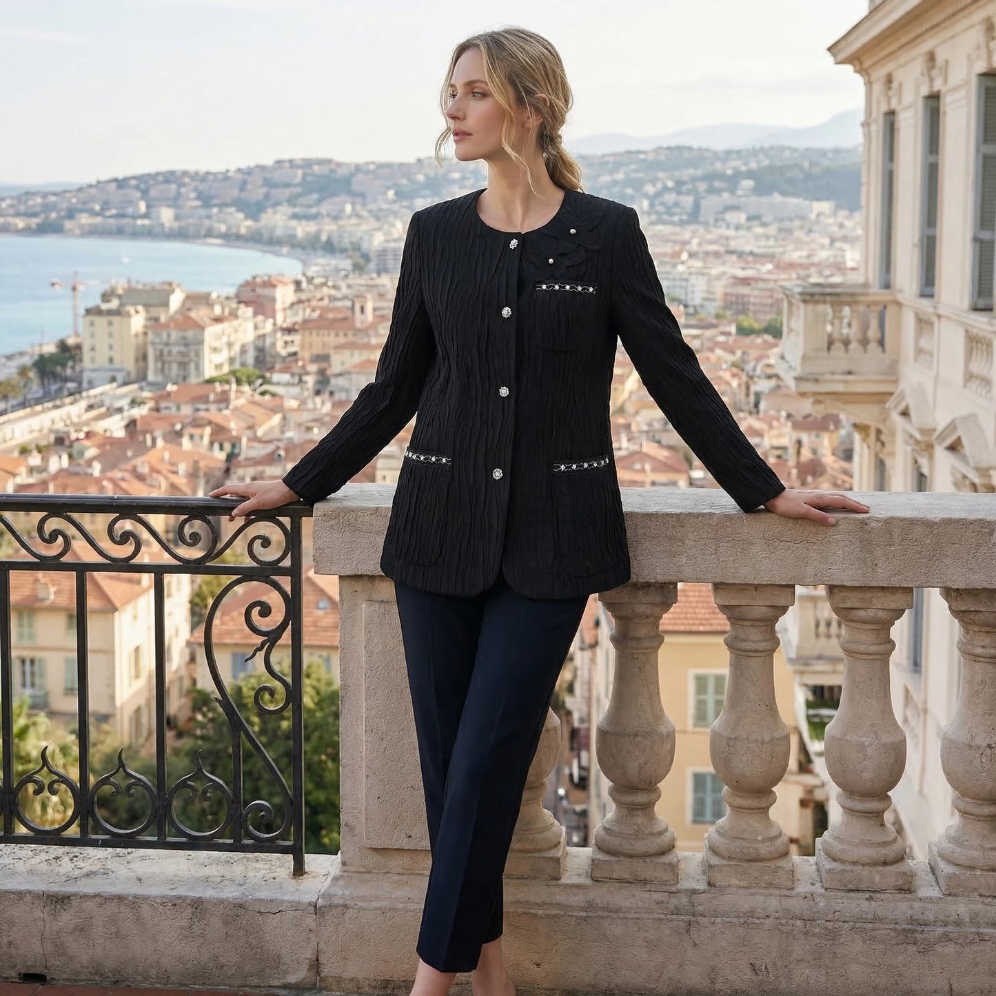 Black textured jacket with round neckline and decorative buttons