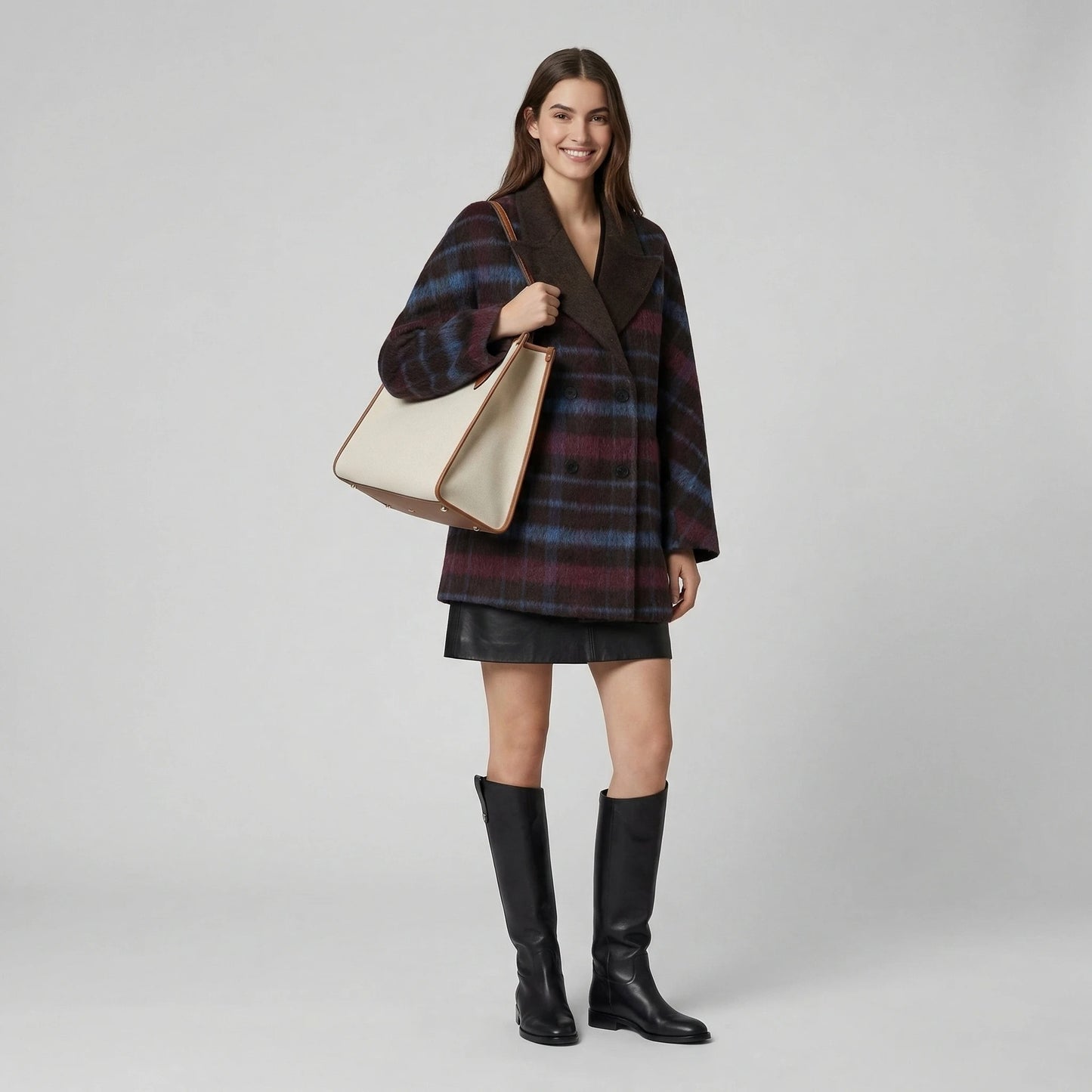 Brown plaid coat with wide lapel and double-breasted front