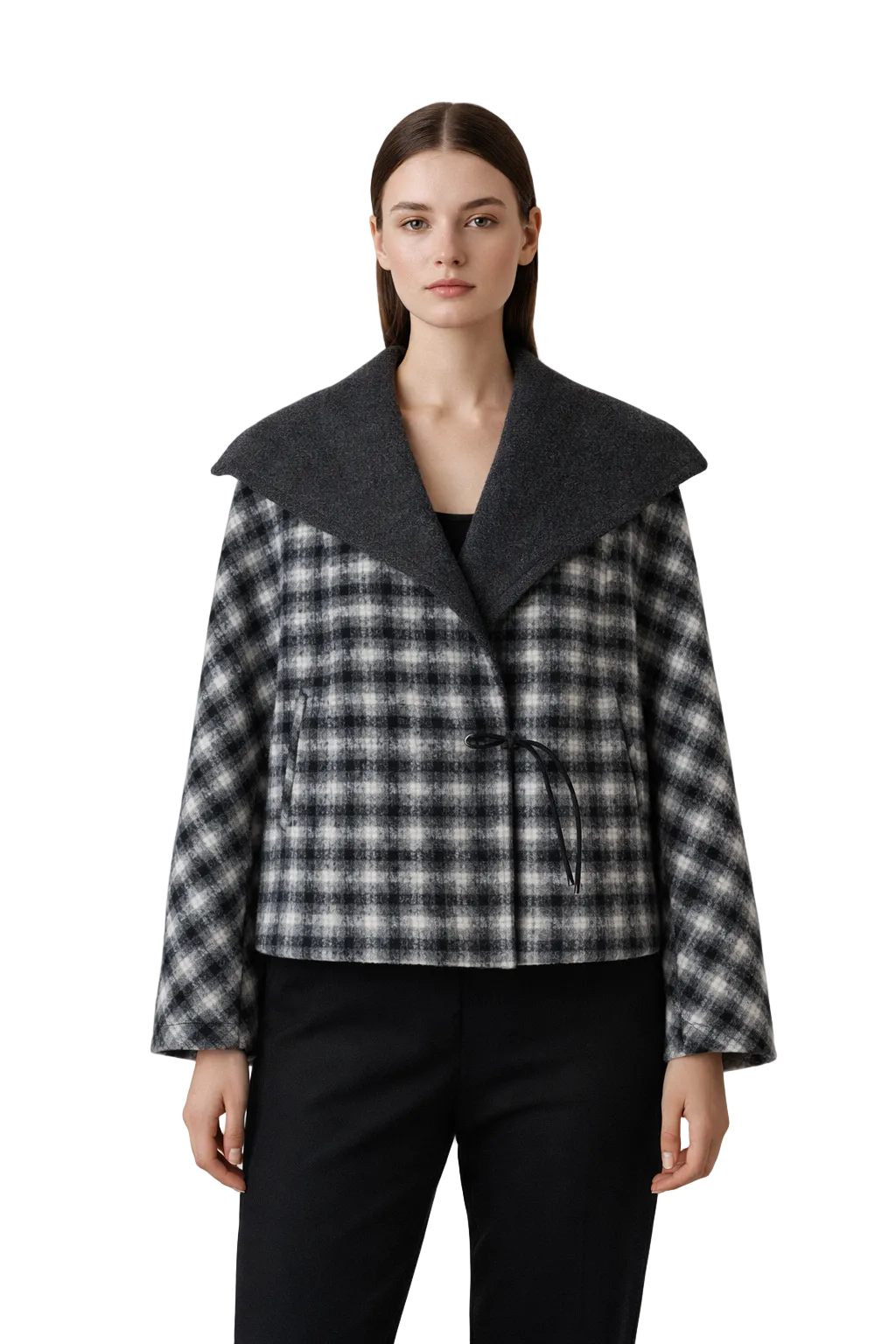 Grey and black plaid jacket with wide shawl collar