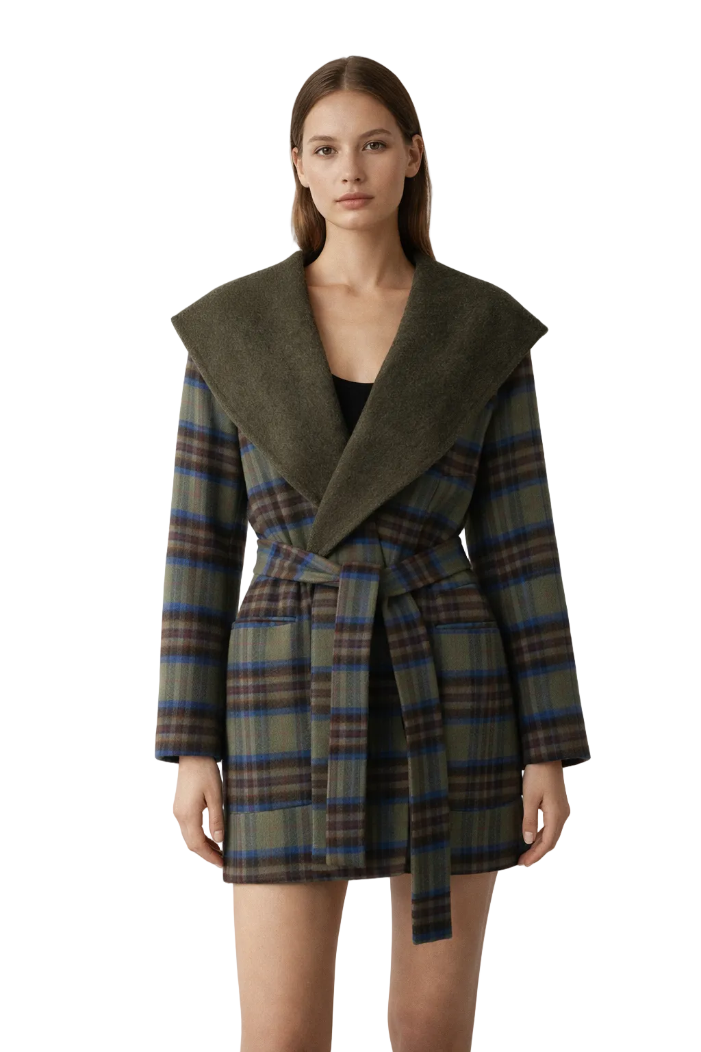 Green plaid coat with wide shawl collar and belt