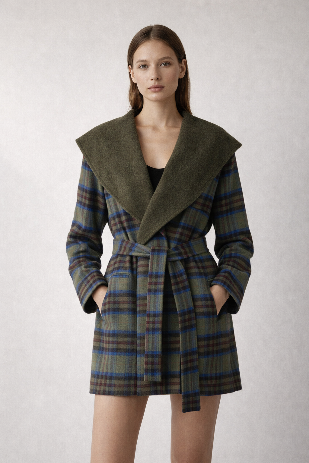 Green plaid coat with wide shawl collar and belt