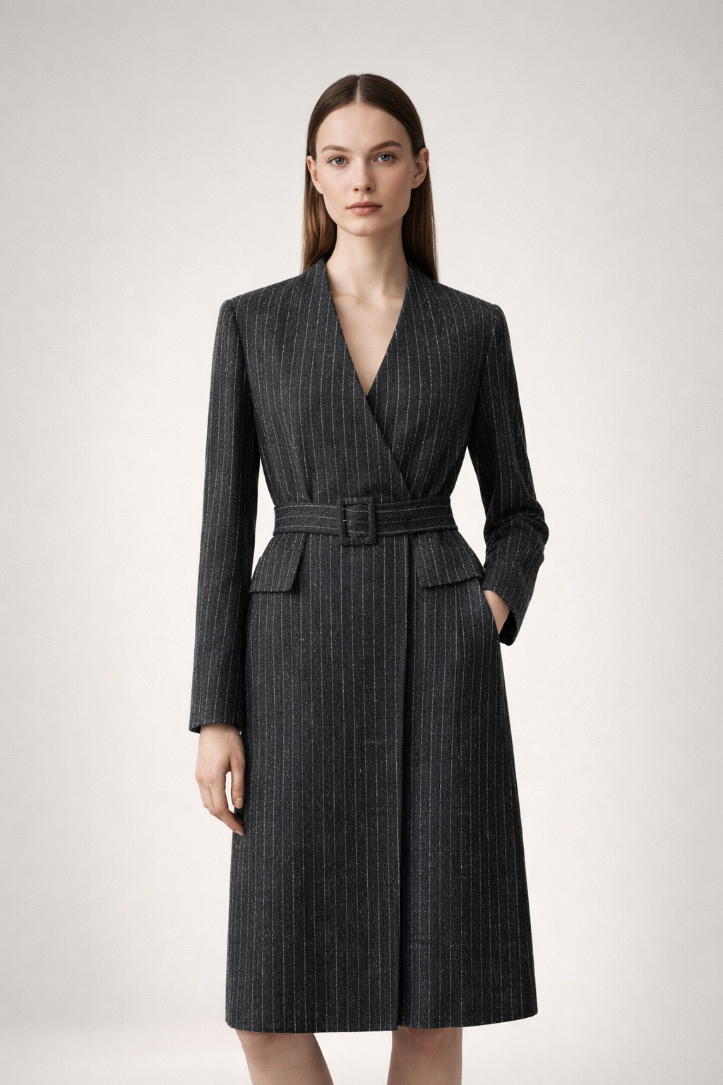 Black pinstripe wrap coat with belt and V neckline