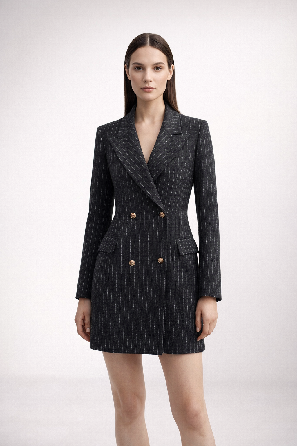 Black pinstripe blazer coat with double-breasted front