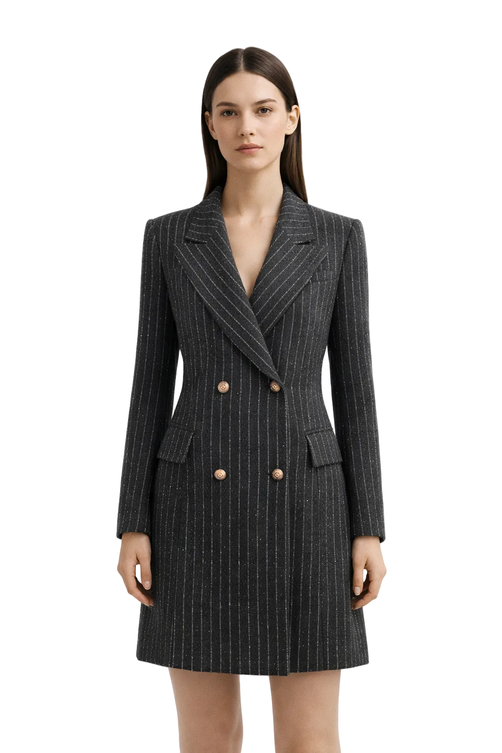 Black pinstripe blazer coat with double-breasted front