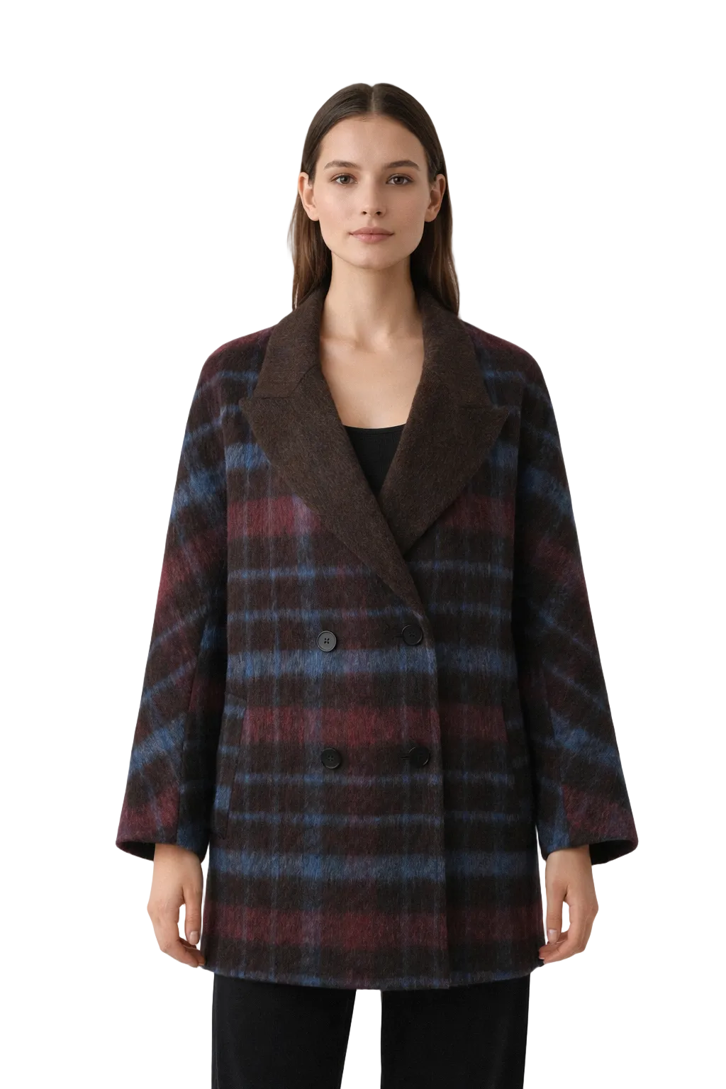 Brown plaid coat with wide lapel and double-breasted front