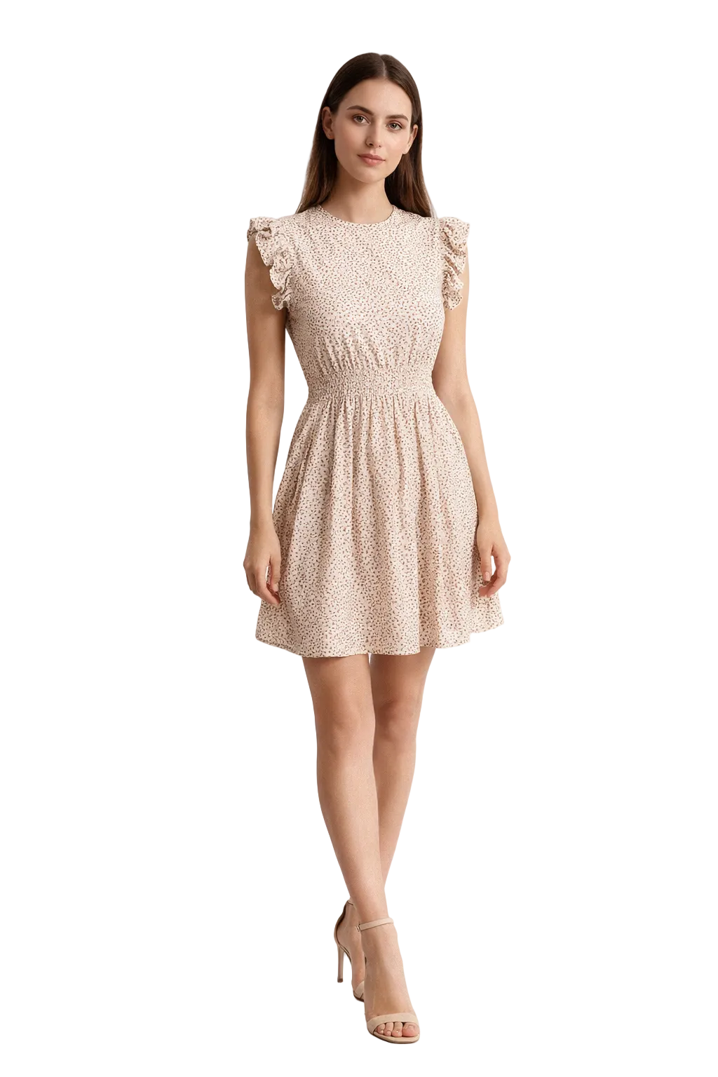 Beige printed mini dress with ruffle sleeves and gathered waist