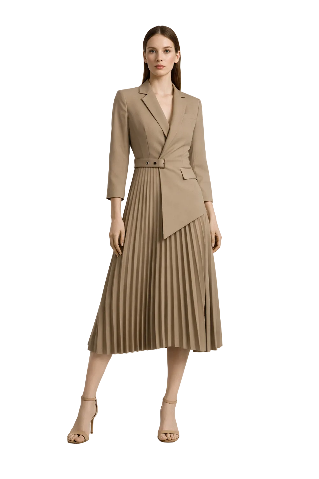 Beige blazer dress with pleated skirt and belt detail