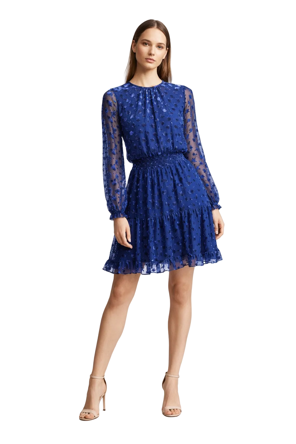 Blue sheer floral dress with long sleeves and tiered skirt