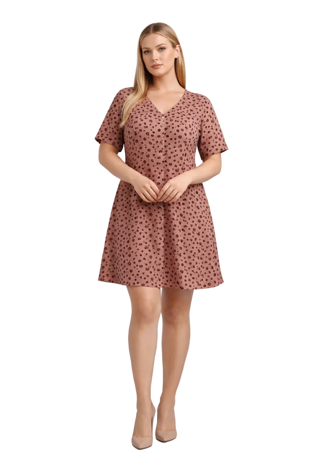 Pink printed button-front dress with short sleeves and V neckline