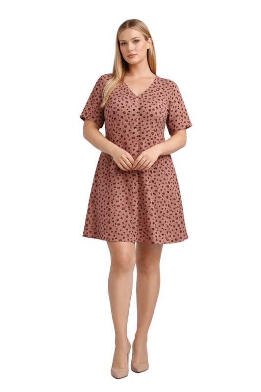Pink printed button-front dress with short sleeves and V neckline