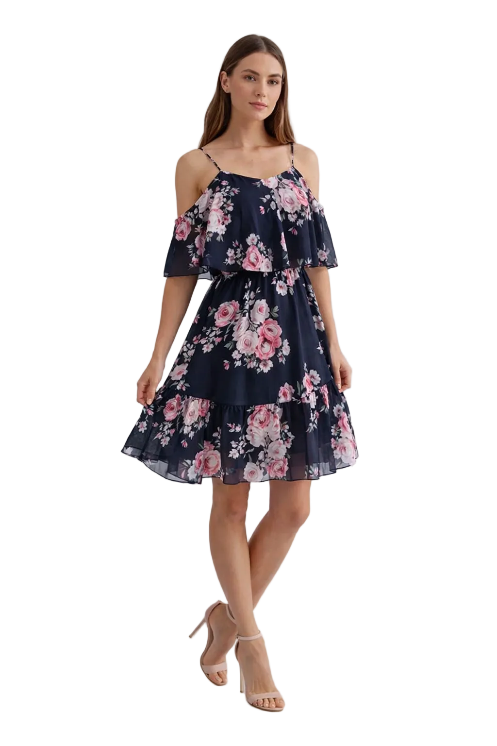 Black floral off-shoulder dress with layered ruffle neckline