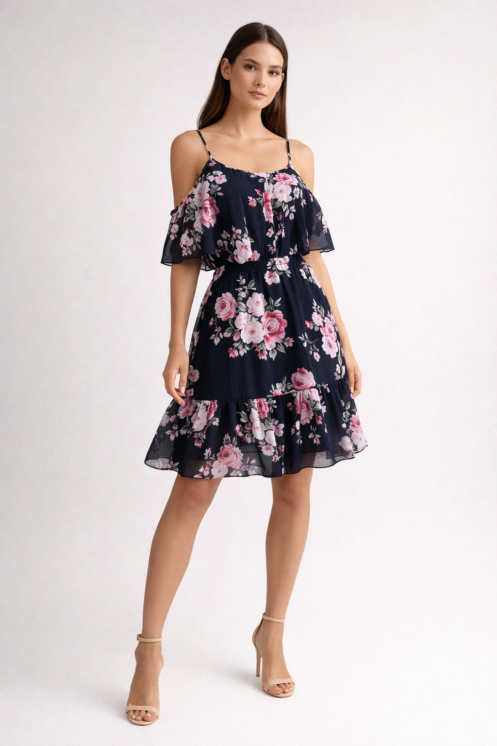 Black floral off-shoulder dress with layered ruffle neckline