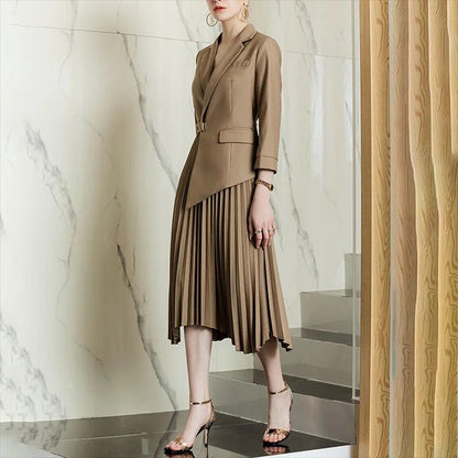 Beige blazer dress with pleated skirt and belt detail