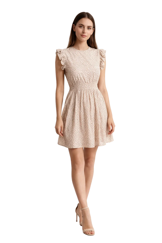 Beige printed mini dress with ruffle sleeves and gathered waist