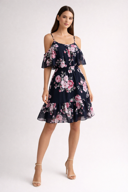 Black floral off-shoulder dress with layered ruffle neckline