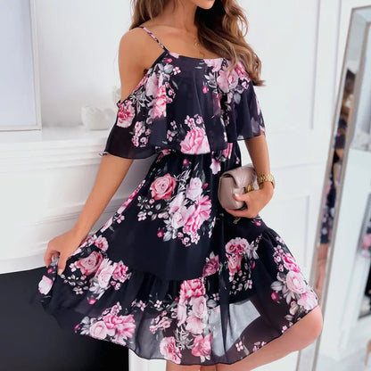 Black floral off-shoulder dress with layered ruffle neckline