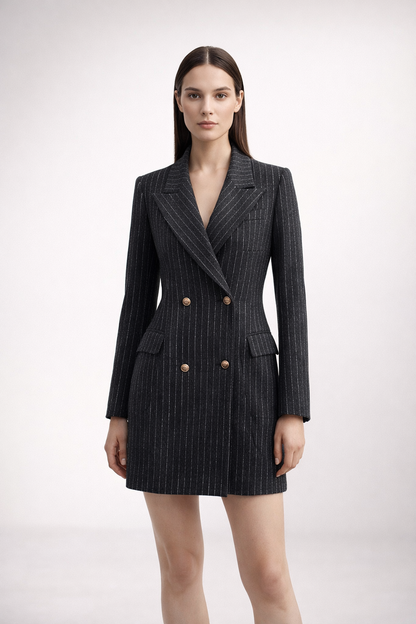 Black pinstripe blazer coat with double-breasted front