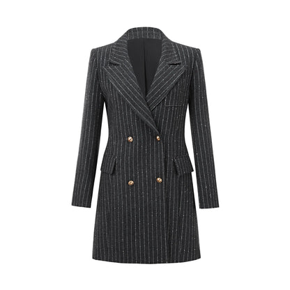 Black pinstripe blazer coat with double-breasted front