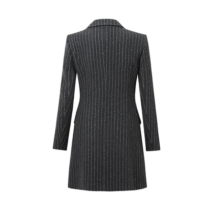 Black pinstripe blazer coat with double-breasted front