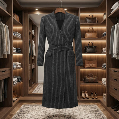 Black pinstripe wrap coat with belt and V neckline
