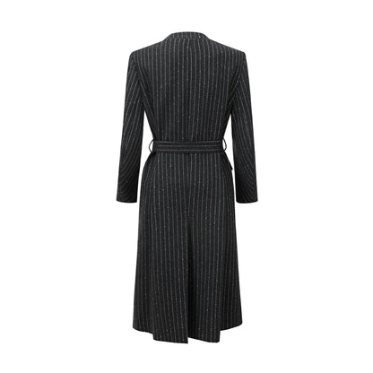Black pinstripe wrap coat with belt and V neckline