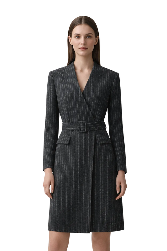 Black pinstripe wrap coat with belt and V neckline