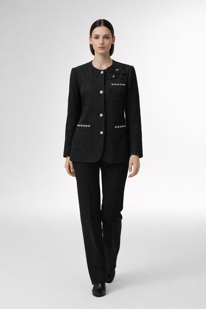 Black textured jacket with round neckline and decorative buttons