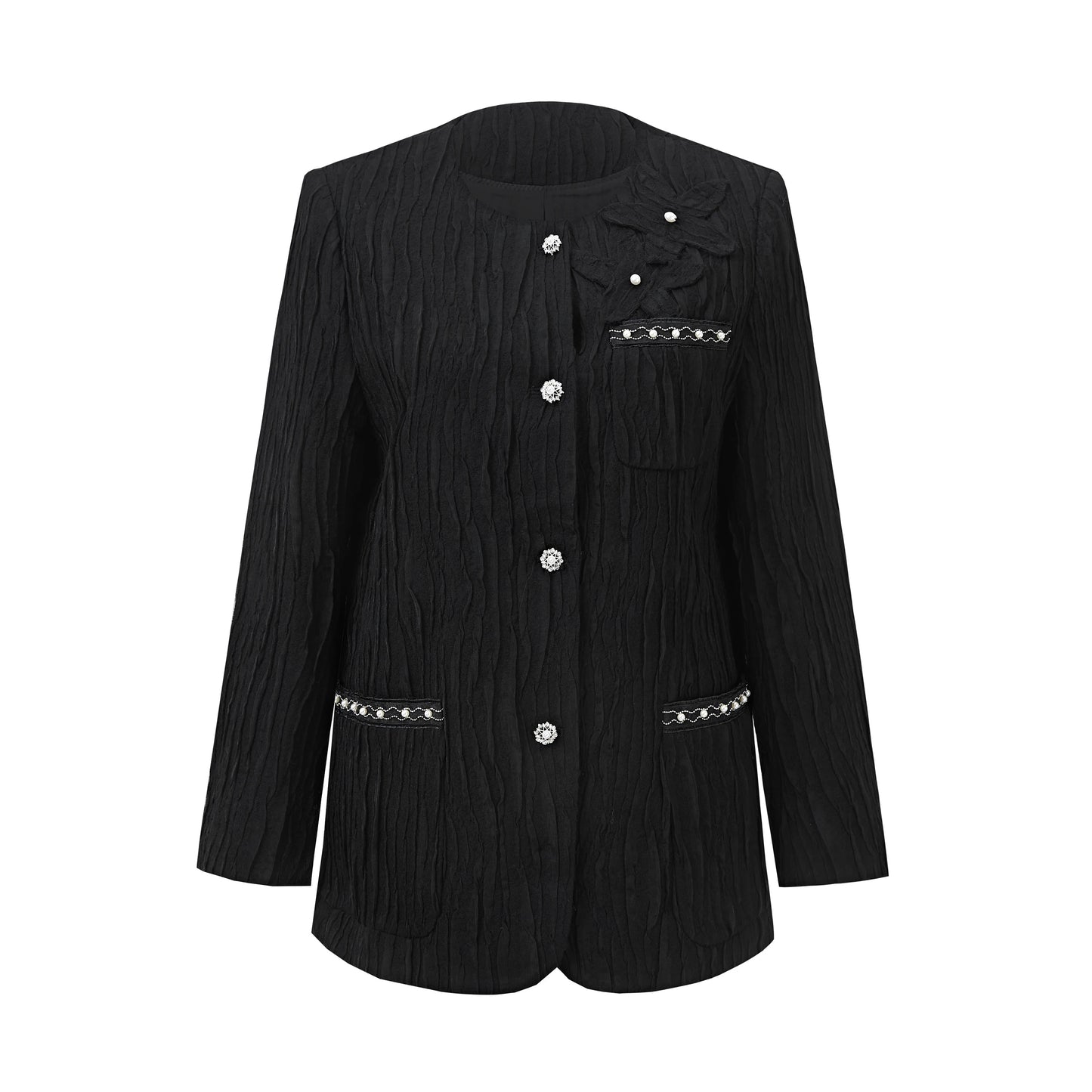 Black textured jacket with round neckline and decorative buttons