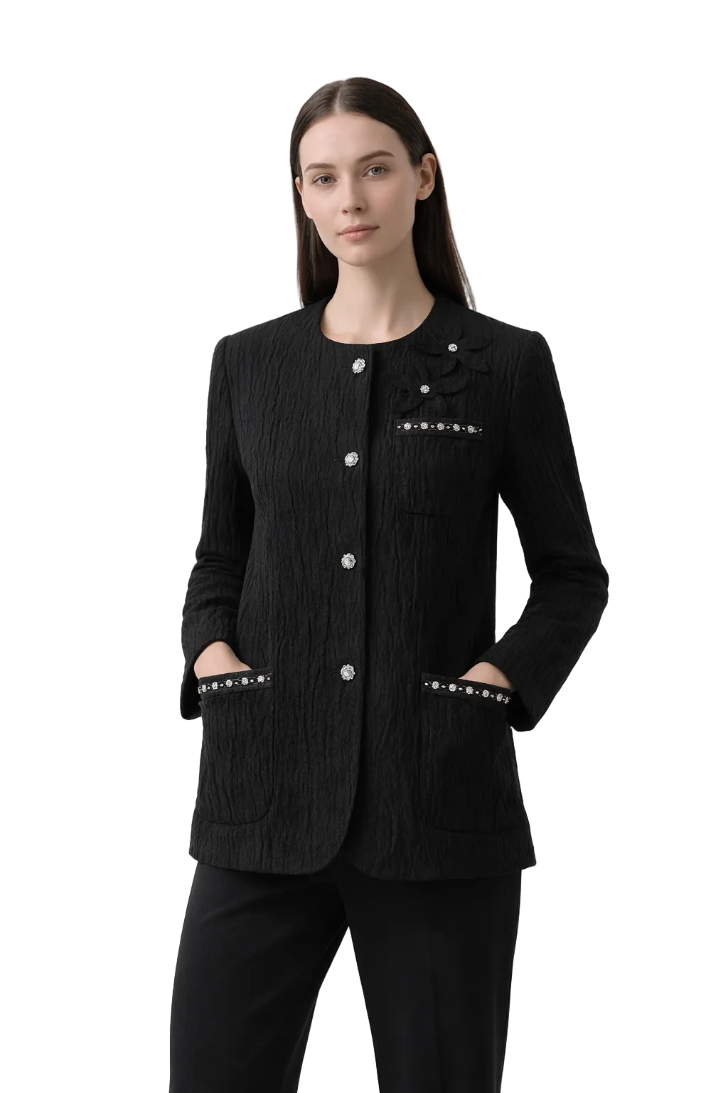 Black textured jacket with round neckline and decorative buttons