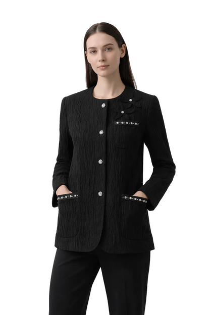 Black textured jacket with round neckline and decorative buttons