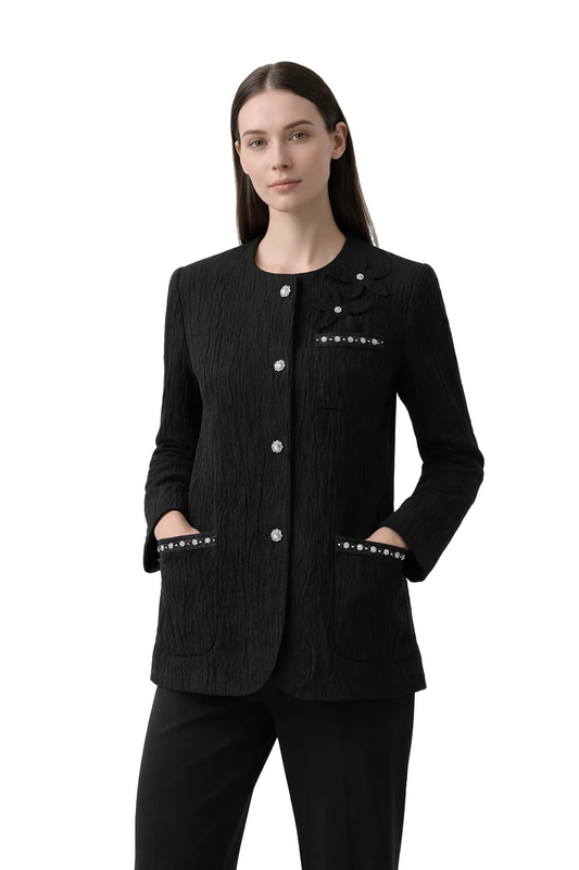 Black textured jacket with round neckline and decorative buttons