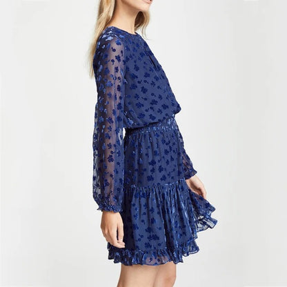 Blue sheer floral dress with long sleeves and tiered skirt