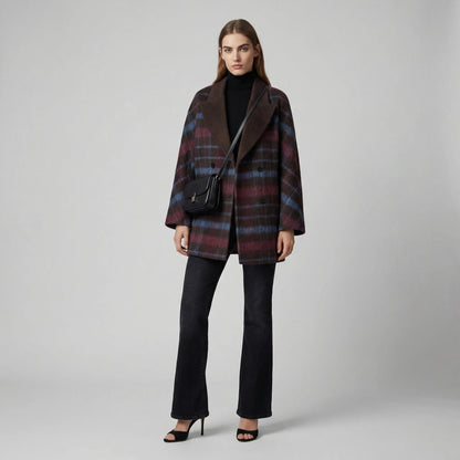 Brown plaid coat with wide lapel and double-breasted front