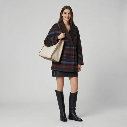 Brown plaid coat with wide lapel and double-breasted front