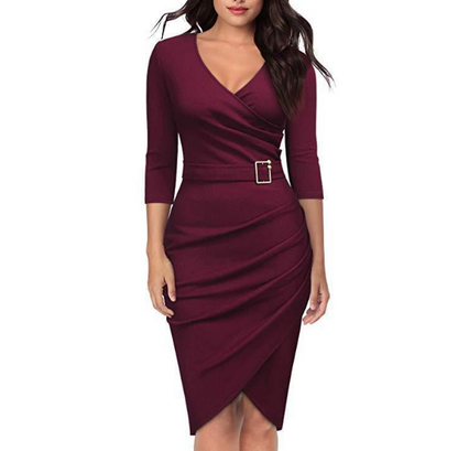 Burgundy wrap dress with belt detail and V neckline