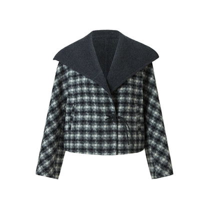 Grey and black plaid jacket with wide shawl collar