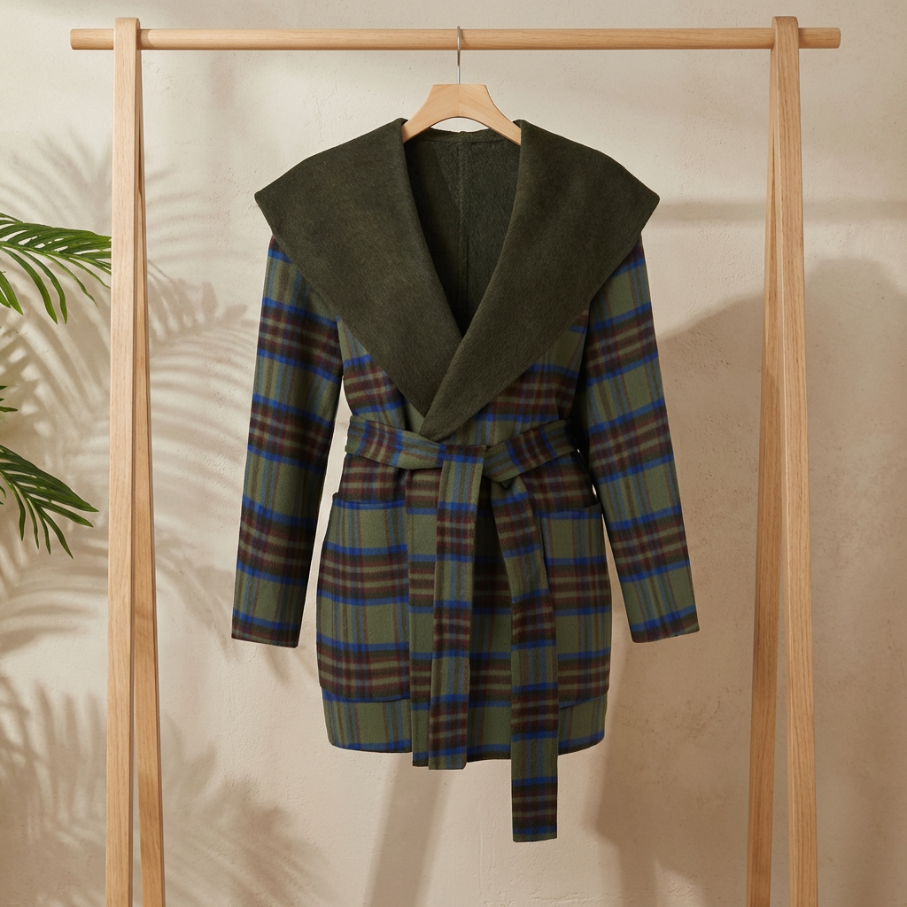 Green plaid coat with wide shawl collar and belt