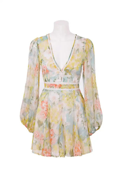 Pastel floral mini dress with deep V neckline and long sleeves