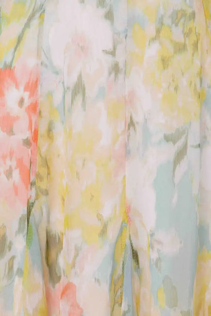 Pastel floral mini dress with deep V neckline and long sleeves