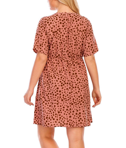 Pink printed button-front dress with short sleeves and V neckline