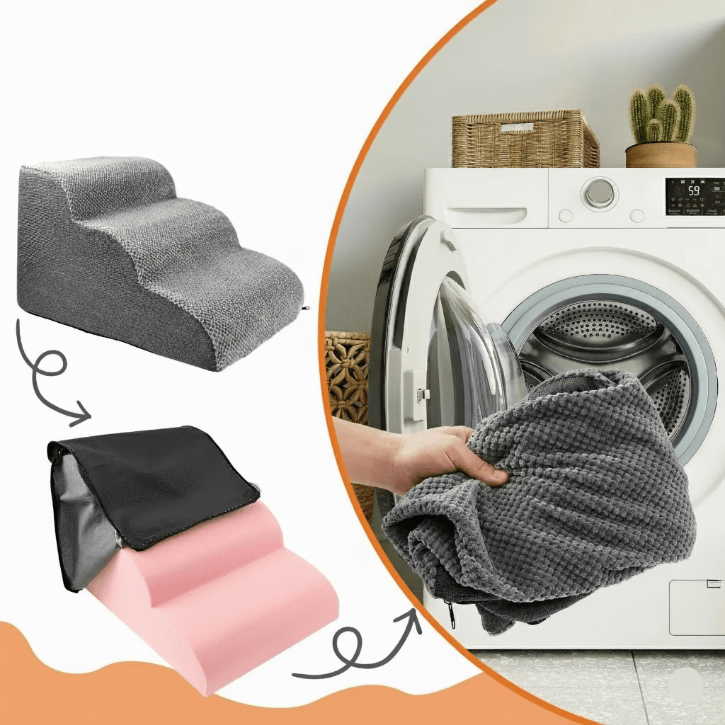 Soft Foam Dog Stairs with Joint-Friendly Incline, Non-Slip Base, and Washable Cover for Safe Bed and Sofa Access