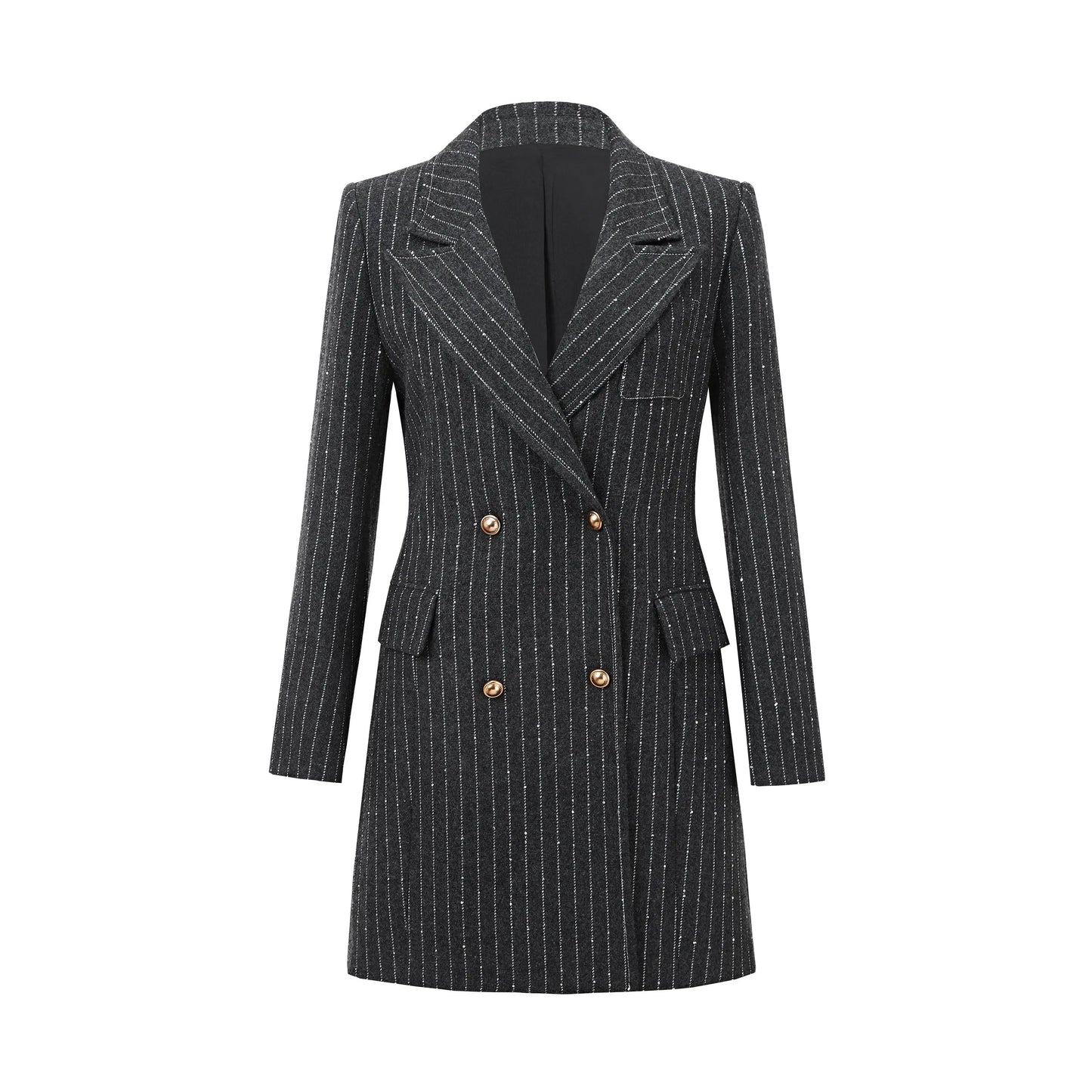 Black pinstripe blazer coat with double-breasted front