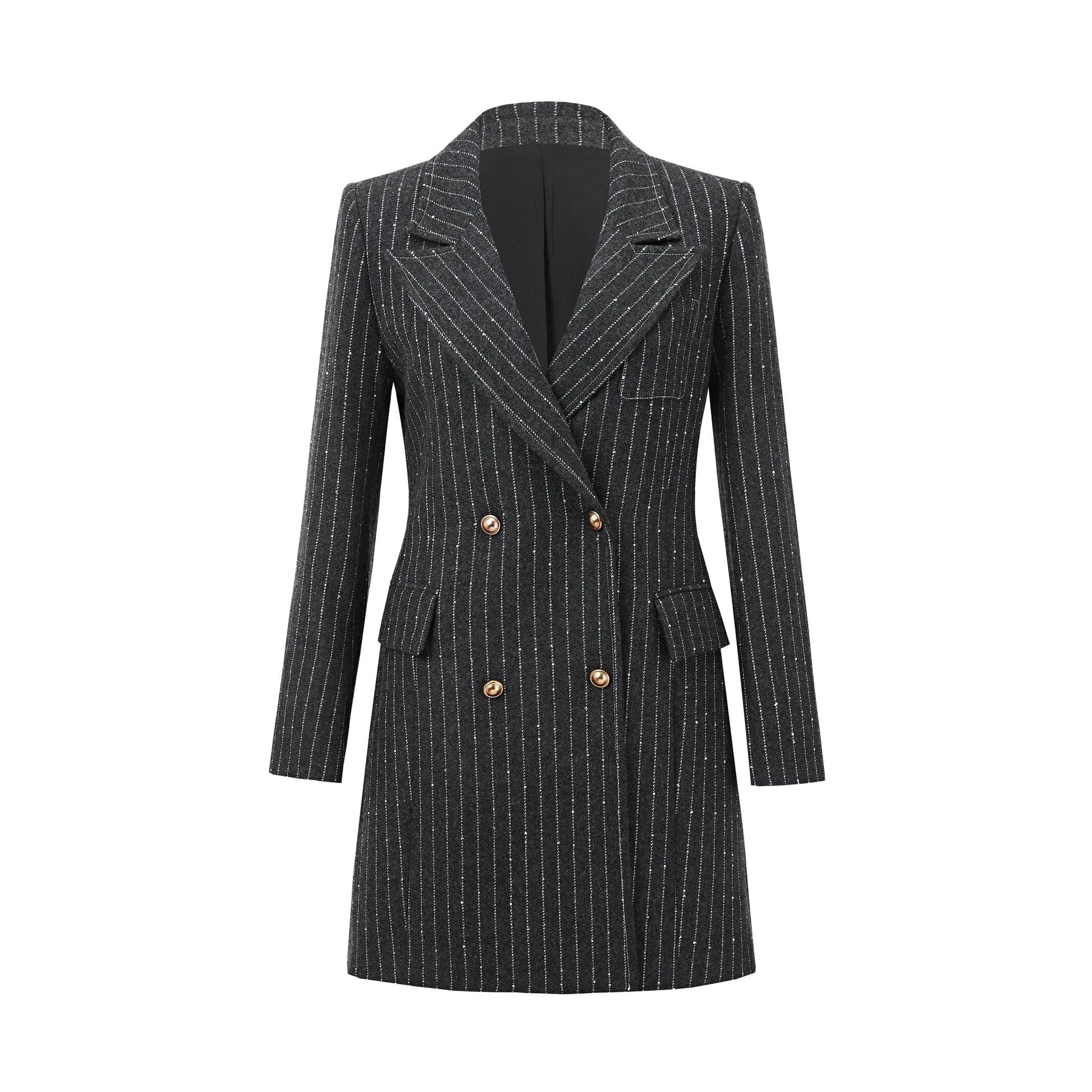 Black pinstripe blazer coat with double-breasted front