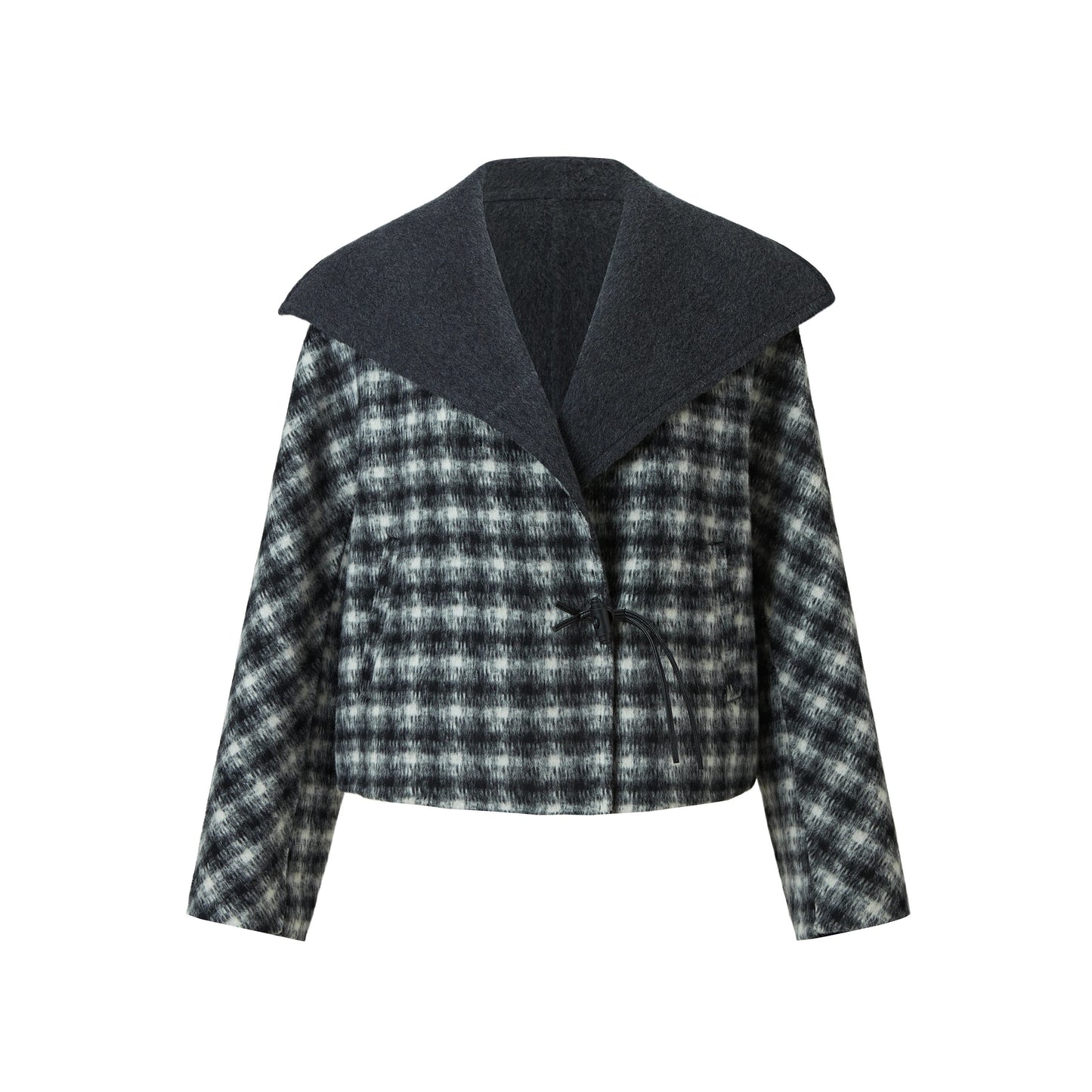 Grey and black plaid jacket with wide shawl collar