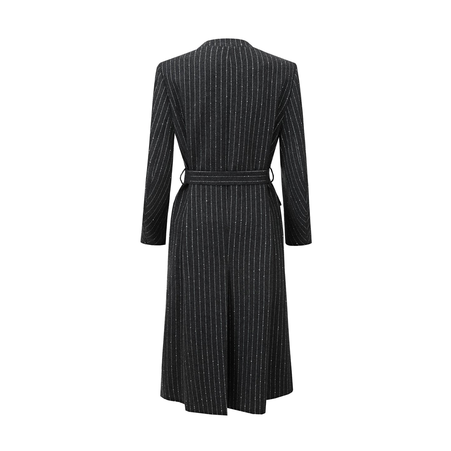 Black pinstripe wrap coat with belt and V neckline