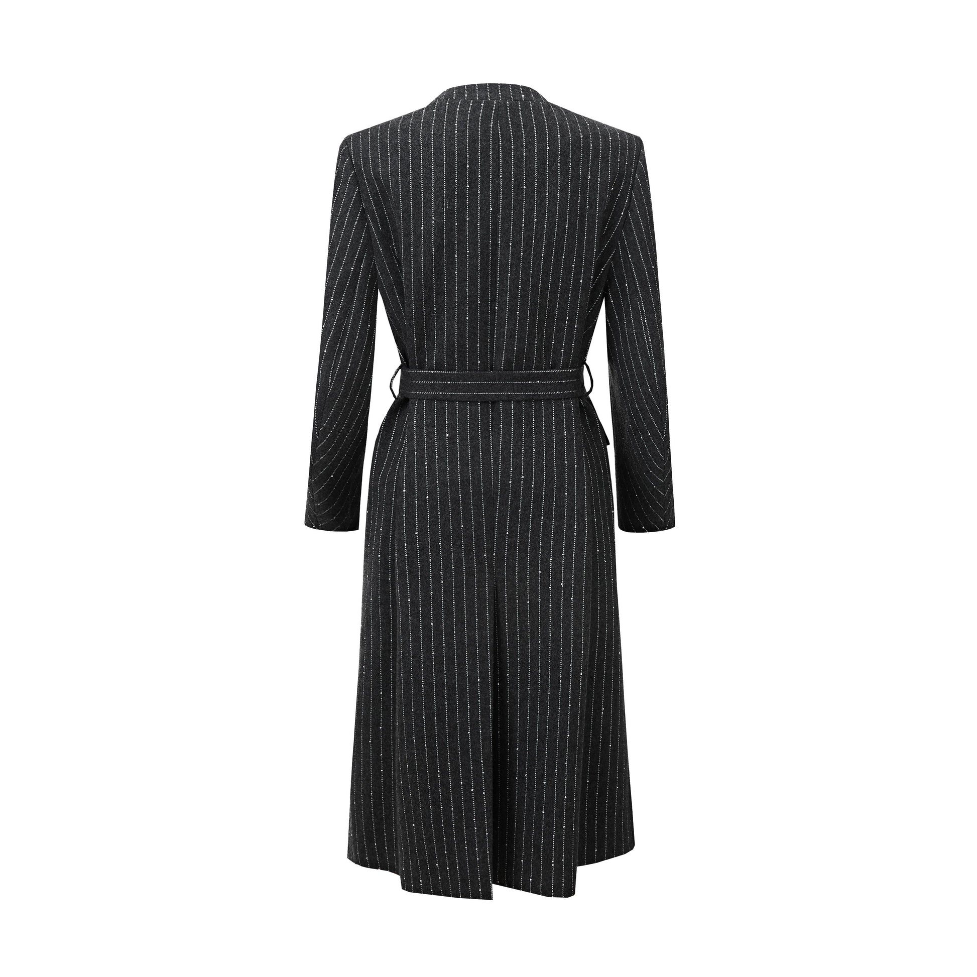 Black pinstripe wrap coat with belt and V neckline