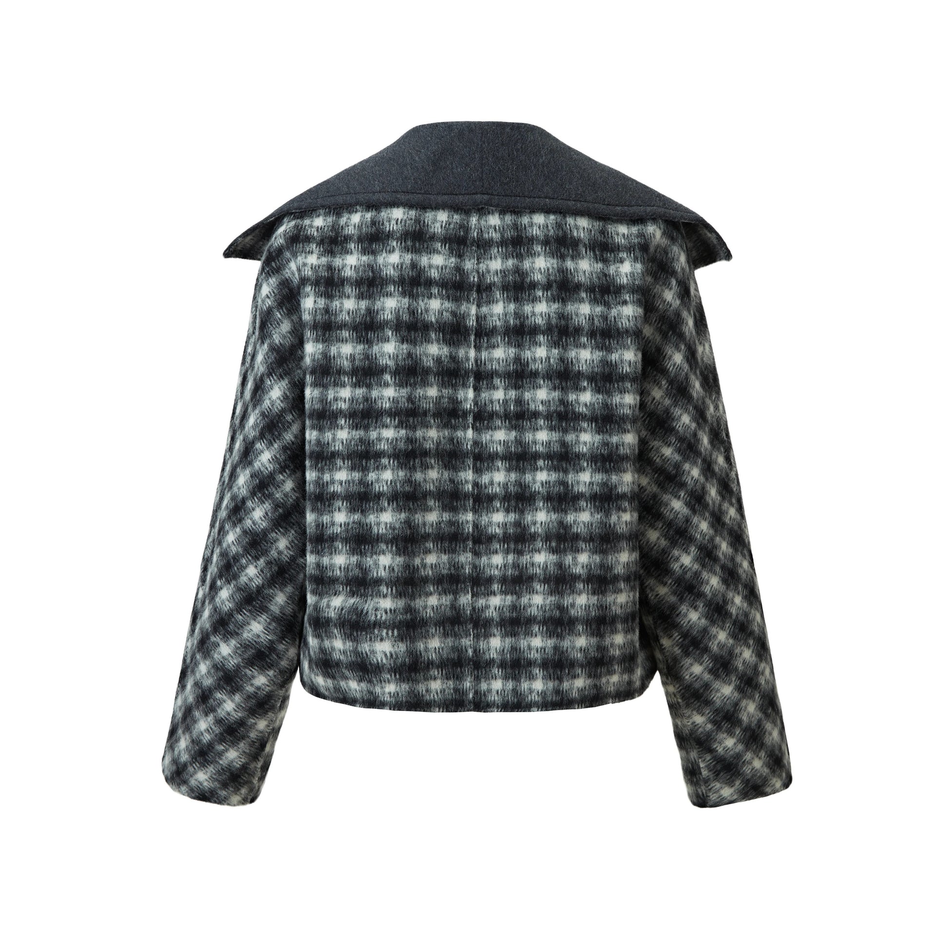 Grey and black plaid jacket with wide shawl collar